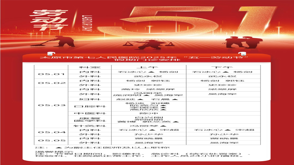 太原市第七人民醫(yī)院2025年“五一勞動節(jié)”假期安排